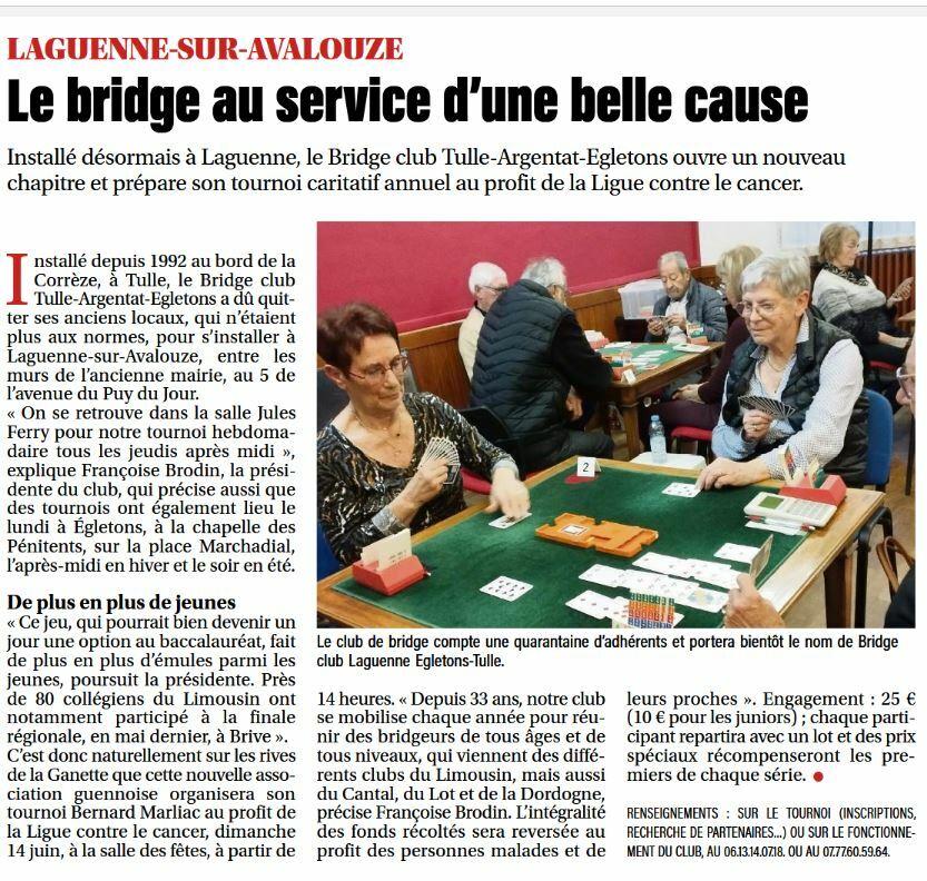 Le Club de Tulle devient BTAE (Bridge Club Laguenne Egletons Tulle)