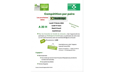 Prochaines Dates pour le Challenge E-Bridge du Comité du Limousin